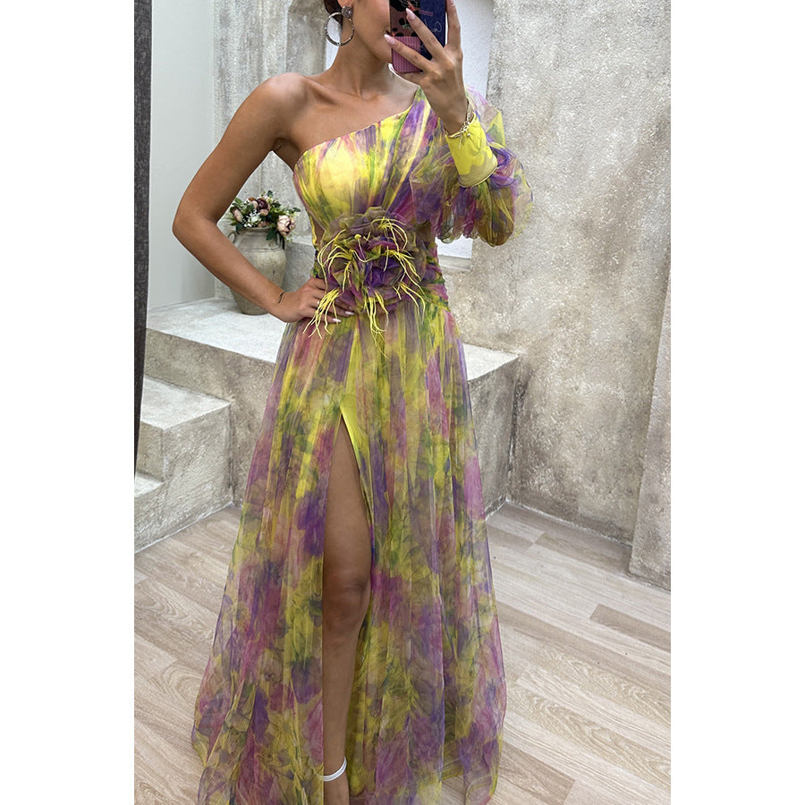 Mesh Tie-dye Off-shoulder Slit Dress