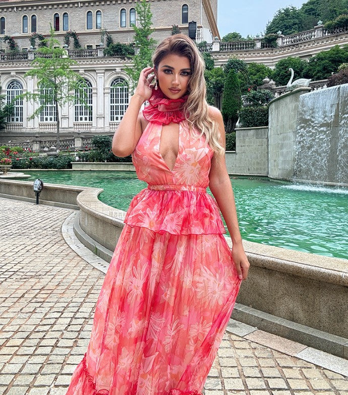 Sleeveless Halter Floral Dress
