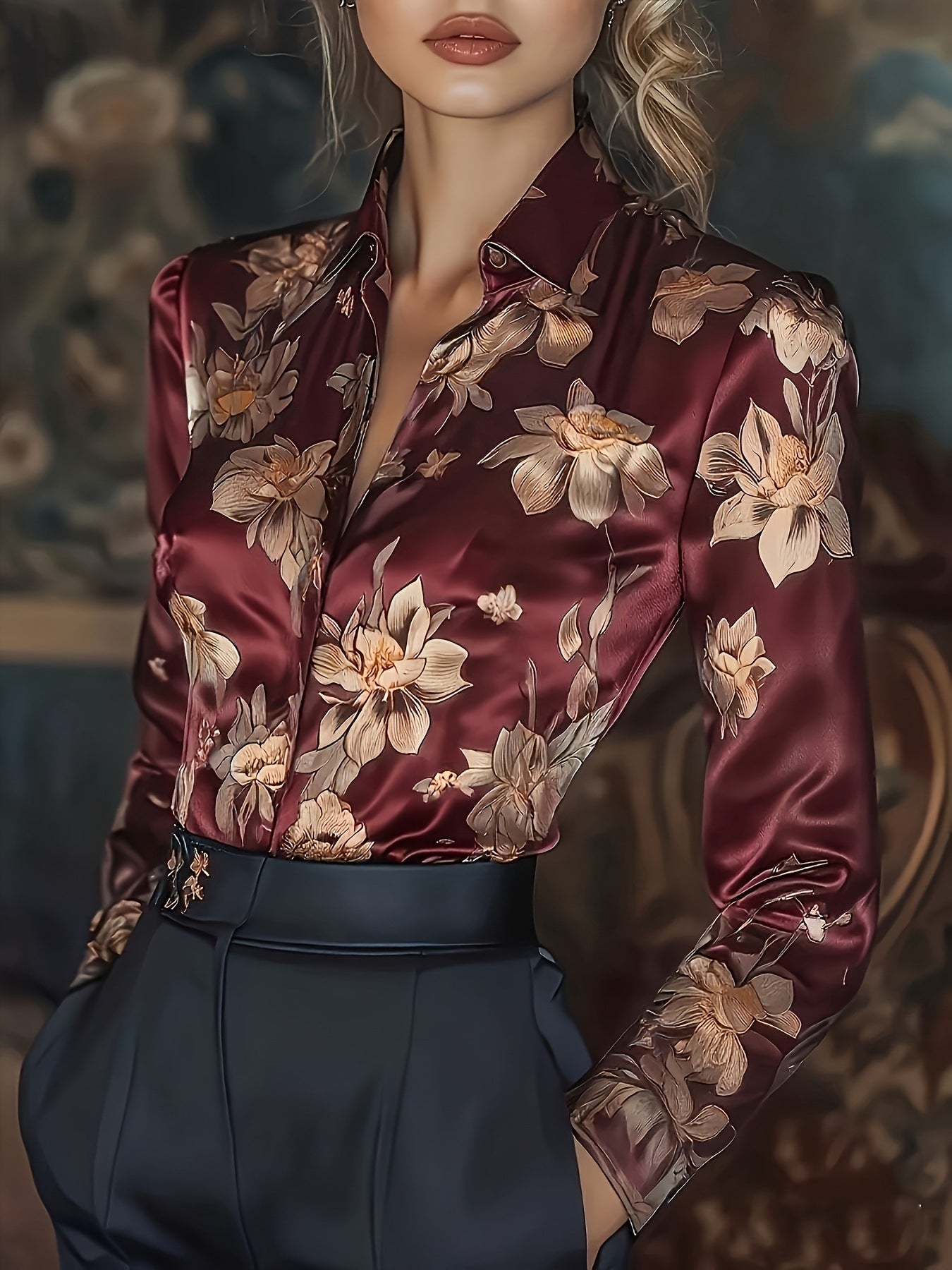 Satin Long-Sleeve Shirt - M Chic Boutique