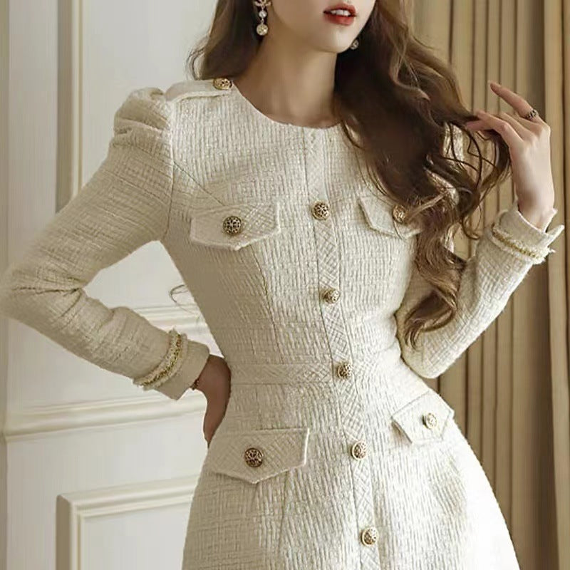 Round Neck Classic Style Chic Button Socialite Tweed Dress