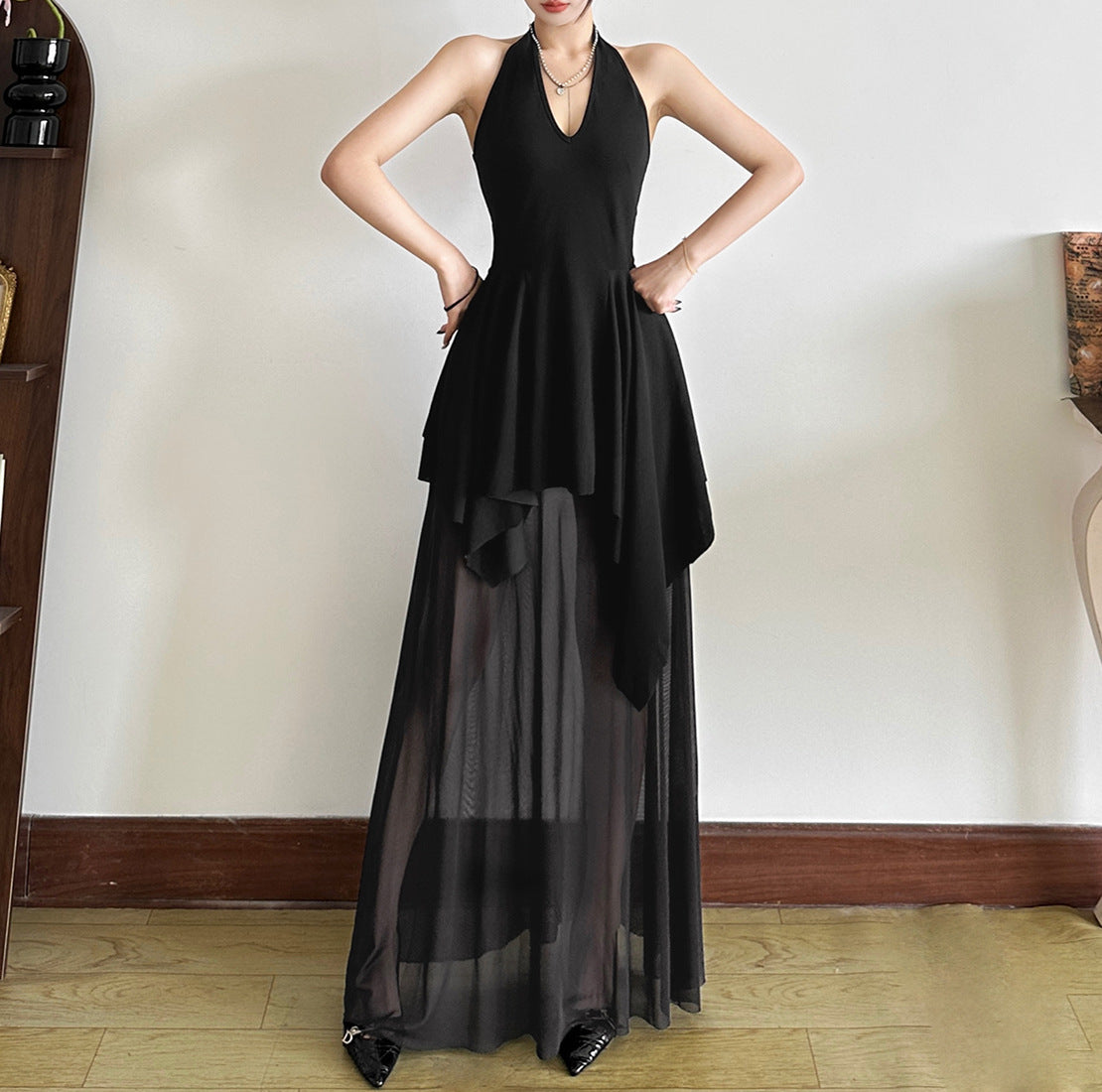 V-neck Backless Girdle Mesh Stitching Design Dress