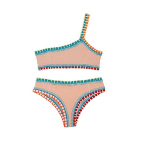 Woven bikini set swim suit by M Chic Boutique featuring a stylish, colorful woven pattern and classic bikini top and bottoms.