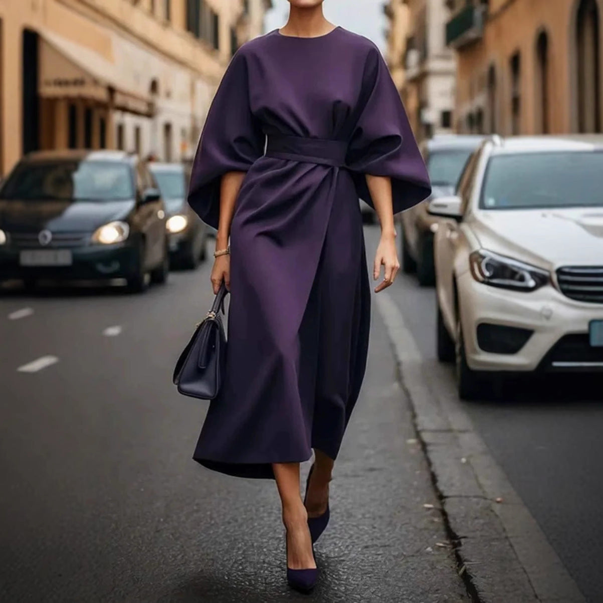 Waist-tighted Solid Color Elegant Dress