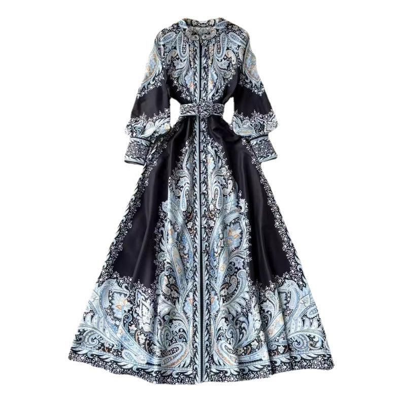 Style Lapel Lantern Sleeve Printed Dress