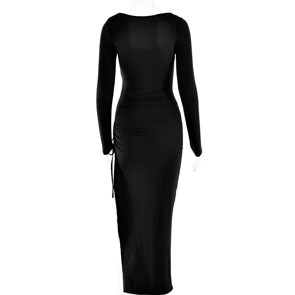 Square-neck Split Long Sleeve Stitching Drawstring Design Long Dress