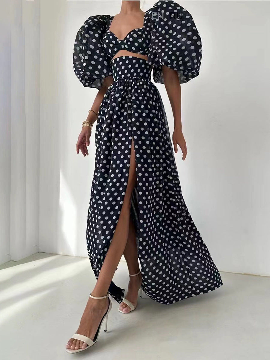 Puff Sleeve Slit Polka Dot Dress