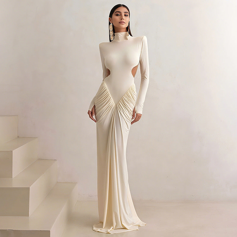 Long Sleeve High Collar Backless Dress