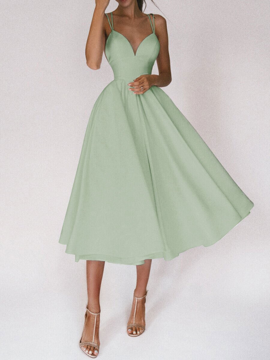 Solid V-neck Suspender Dress