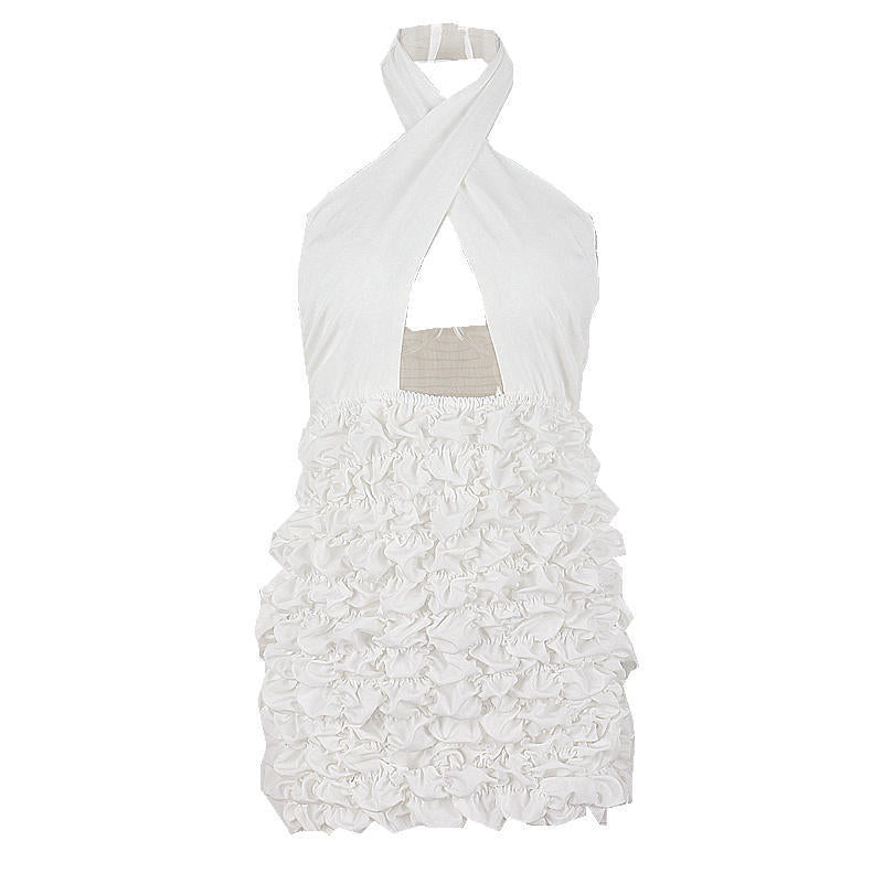 Solid Cross Neck Backless Flower Dress