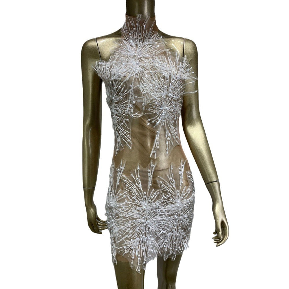 Black mesh lace short dress with a fitted silhouette from M Chic Boutique, featuring delicate lace details and a flared skirt.