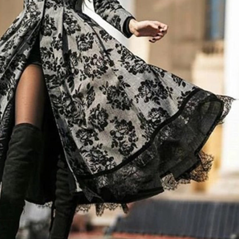 Long Sleeve Lace Floral Trench Coat
