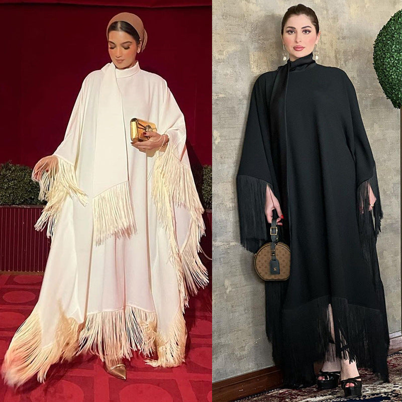 Solid Batwing Sleeve Tassel  Dress