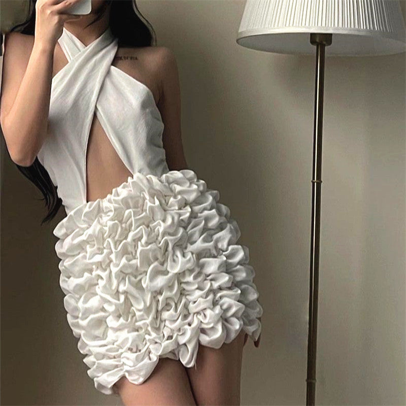 Solid Cross Neck Backless Flower Dress