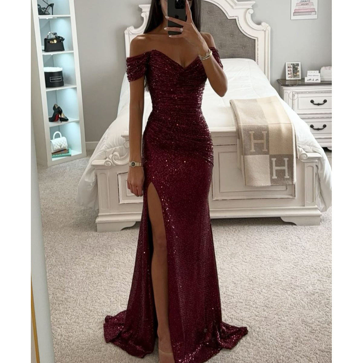 Off-neck Split Dress