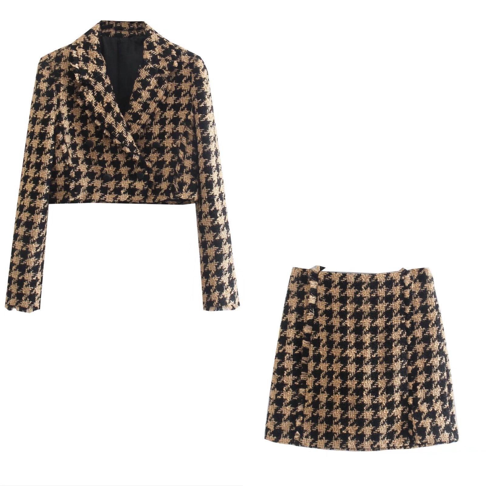 Short double-breasted blazer and skirt set in a chic design by M Chic Boutique, showcasing stylish tailoring and modern silhouette.