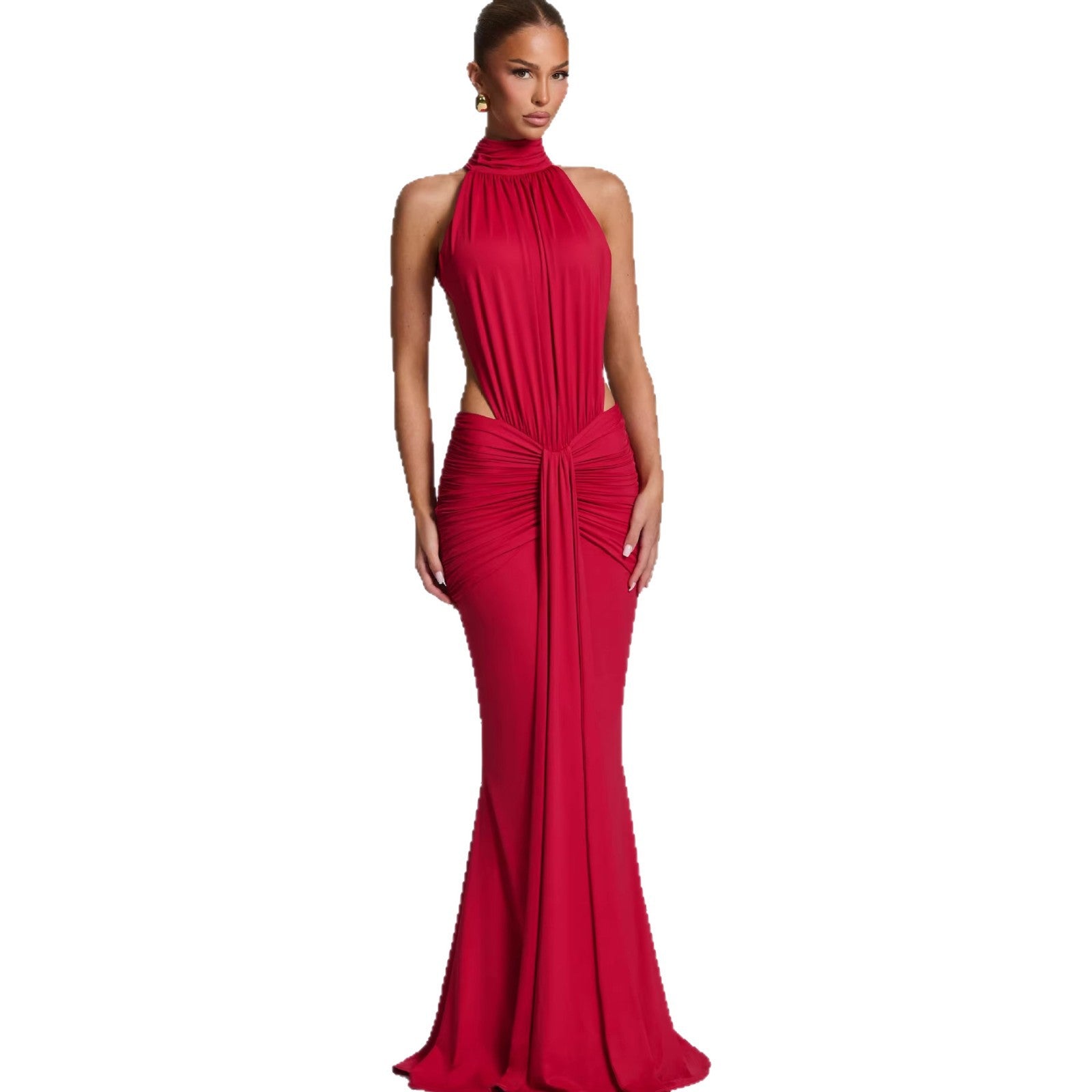 Halterneck pleated slim-fit dress from M Chic Boutique, featuring a stylish design with a fitted silhouette and elegant pleats.