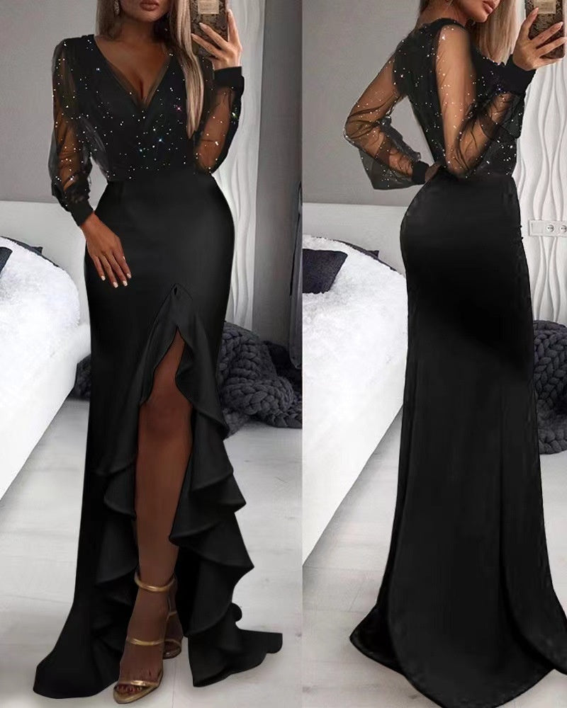 M Chic Boutique solid mesh sequins dress featuring a shimmering design and elegant silhouette, perfect for special occasions.