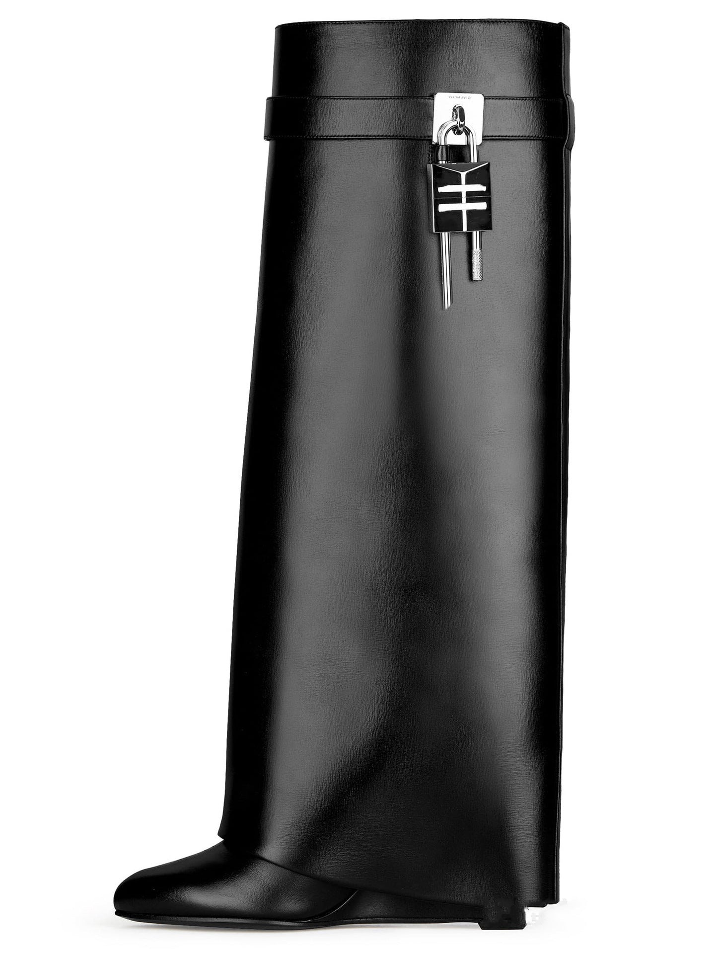 M Chic Boutique Lock Wedge Boots, stylish black shoes with chunky wedge heels and sleek leather finish.
