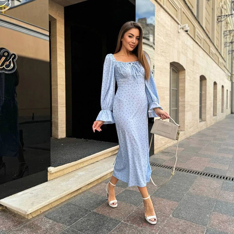 Long Sleeve Floral Tied Slim Fit Dress