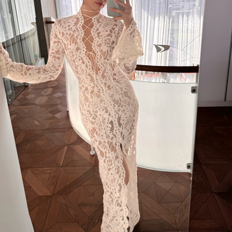 Knitted Hollow-out Micro-transparent Slit Long Sleeve Dress