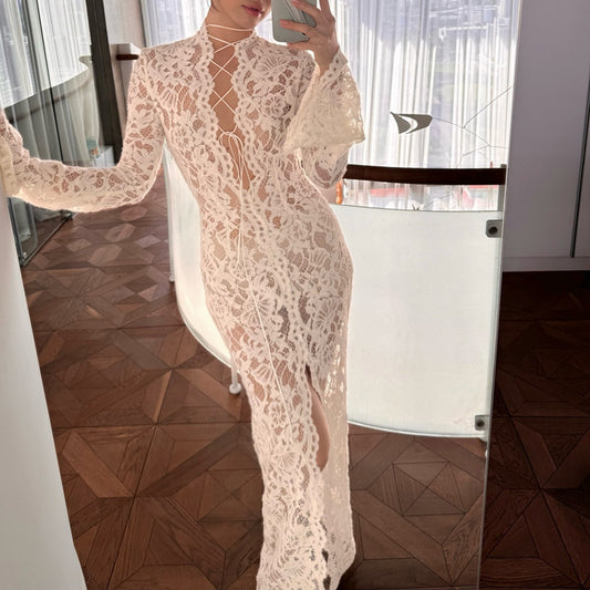 Knitted Hollow-out Micro-transparent Slit Long Sleeve Dress