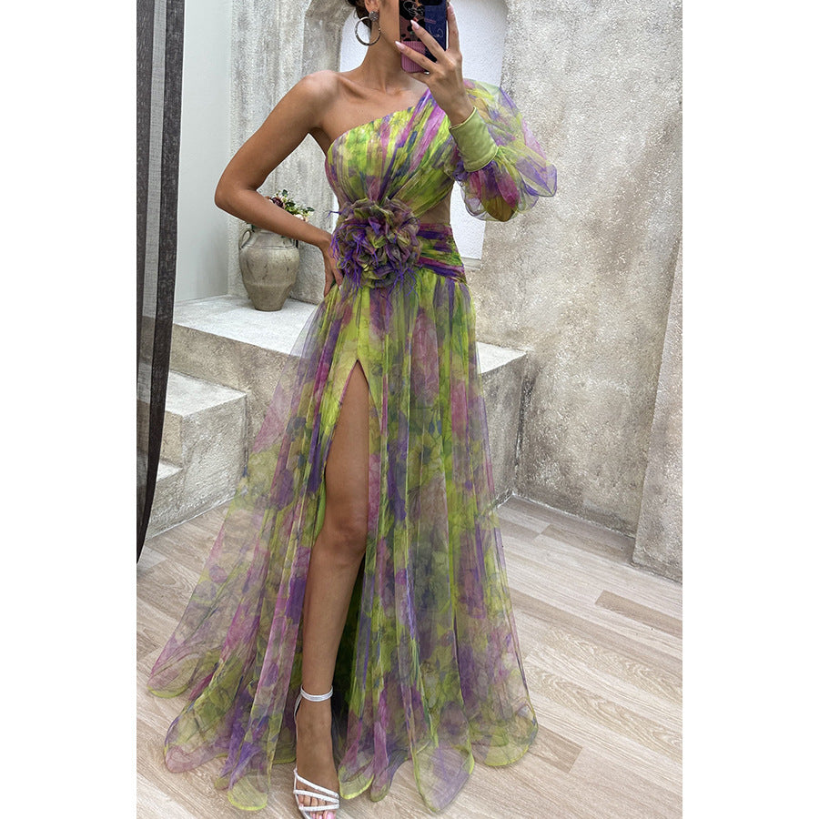 Mesh Tie-dye Off-shoulder Slit Dress