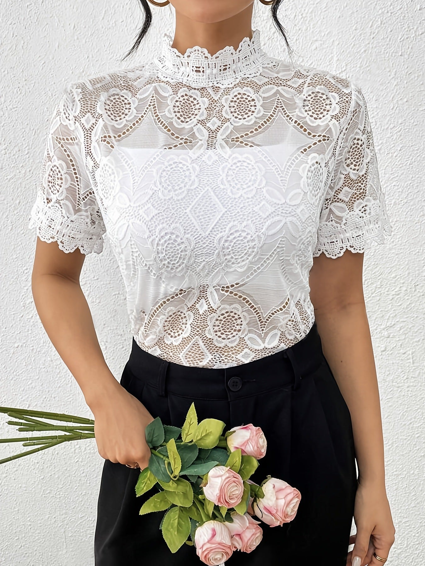 White Lace-panel Trim Top - M Chic Boutique