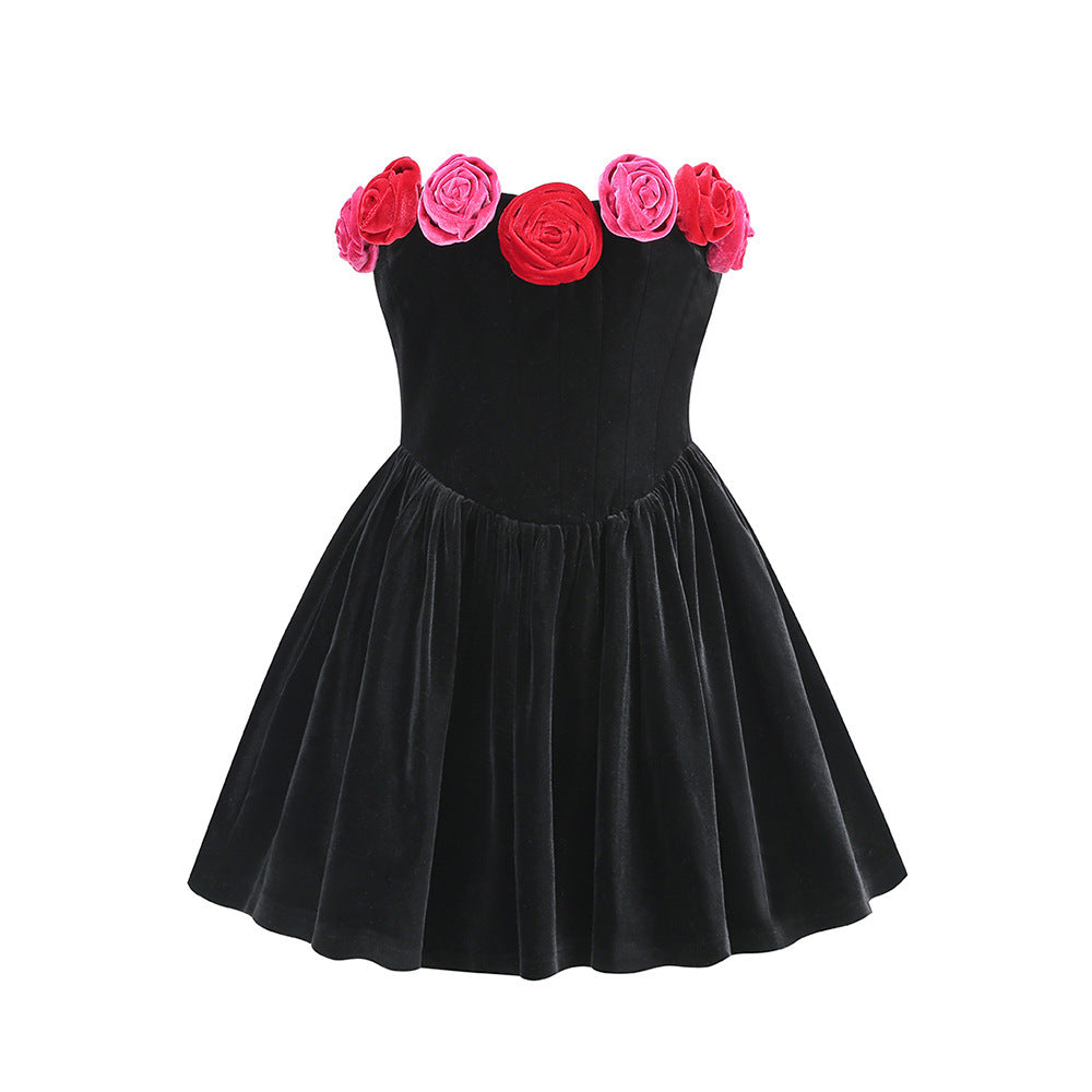 Tube Top Flower Decoration Contrasting-color Dress