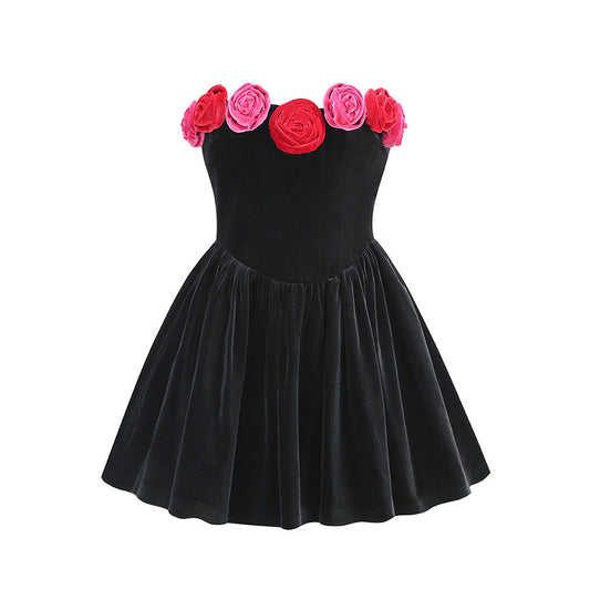 Tube Top Flower Decoration Contrasting-color Dress