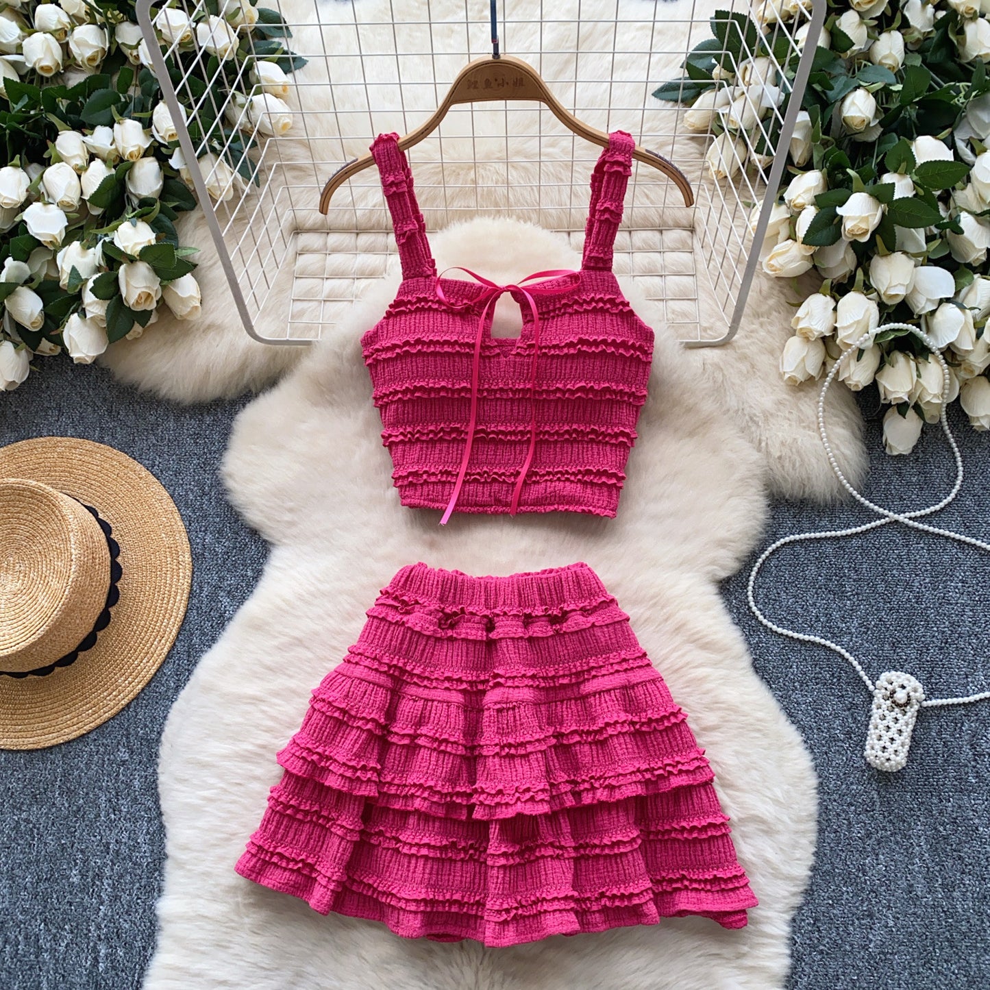 Two-piece M Chic Boutique square-neck slip dress set with high waist, pleated ruffled hem, featuring a stylish and feminine design.