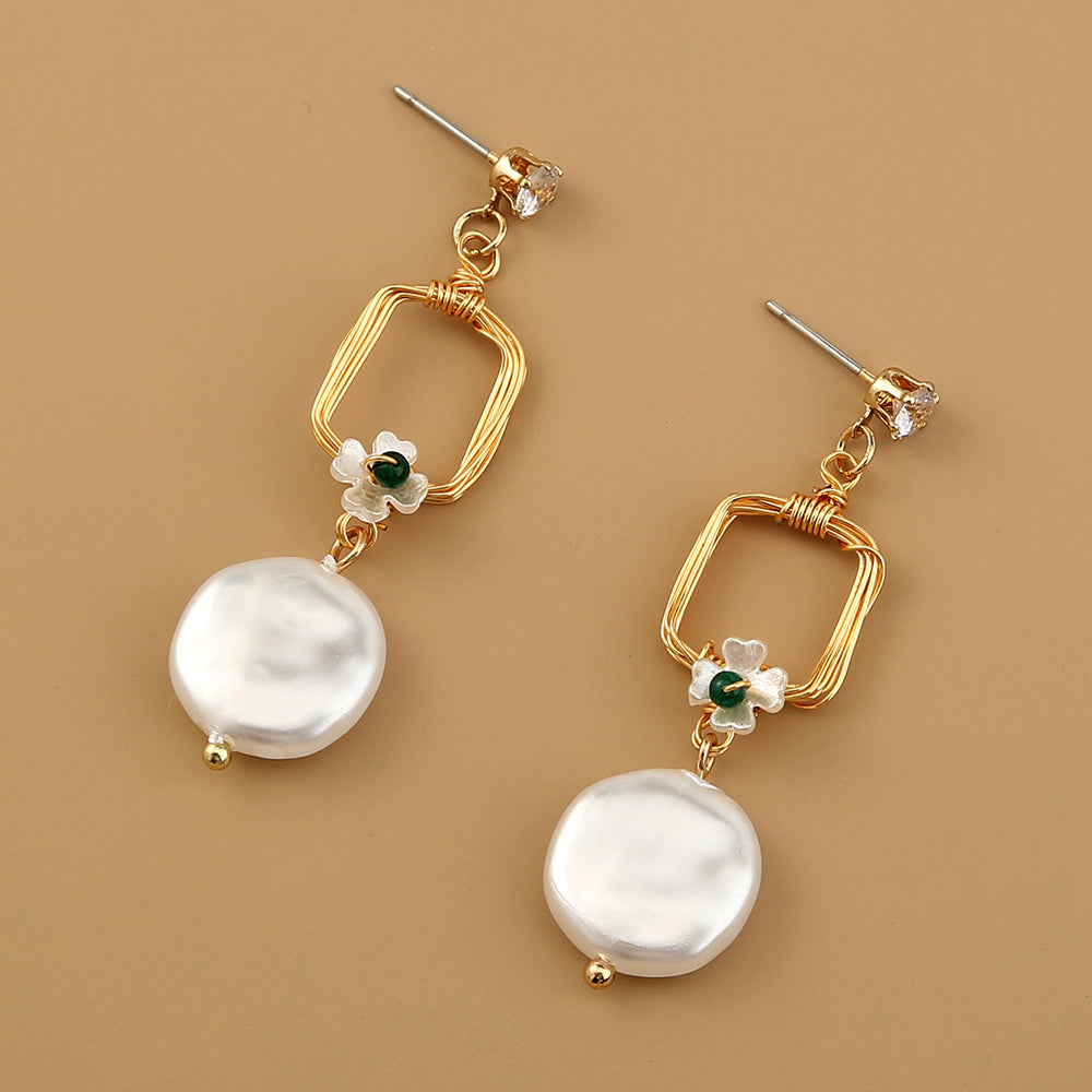Long geometric baroque pearl earrings