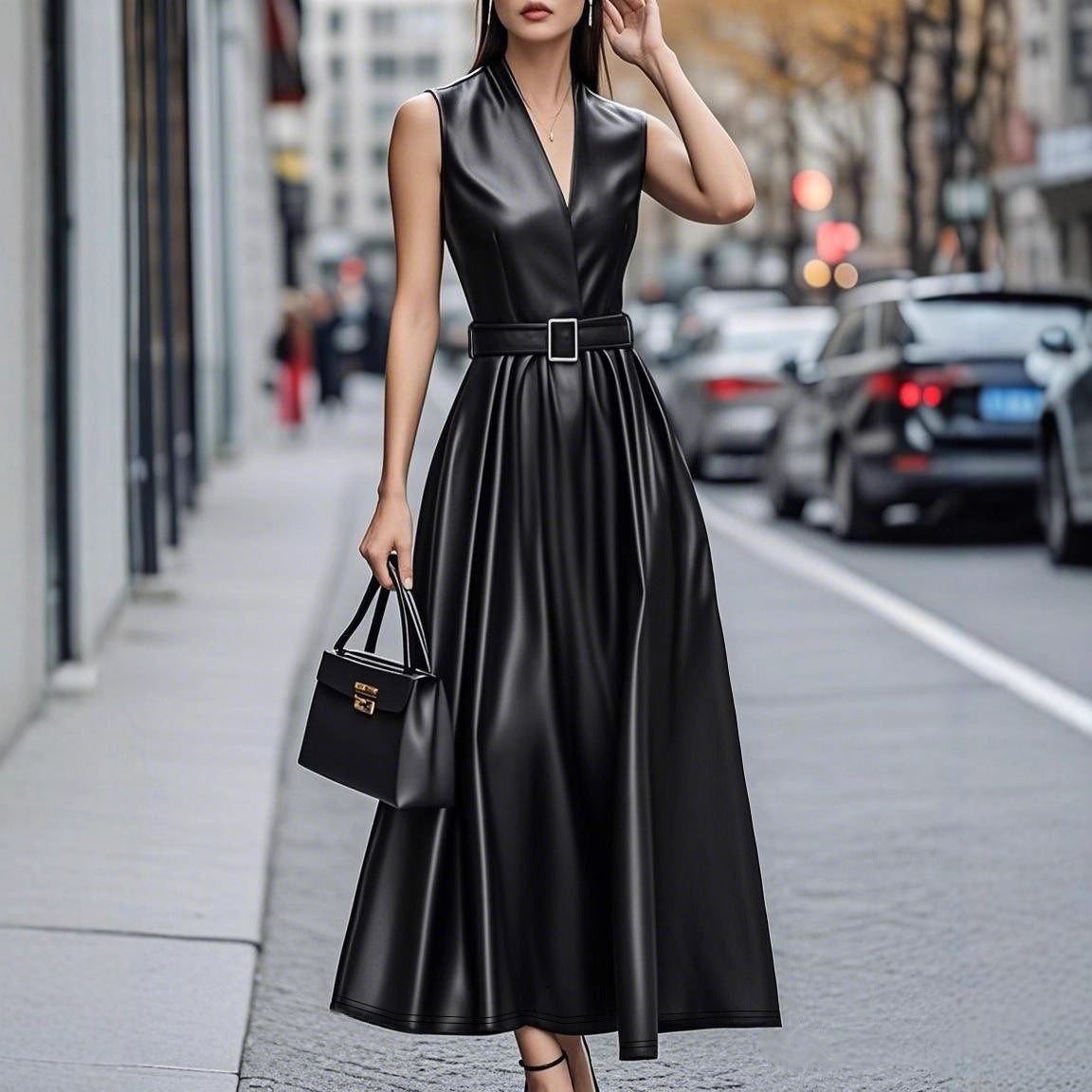 Round Neck Sleeveless Belt Long Dress