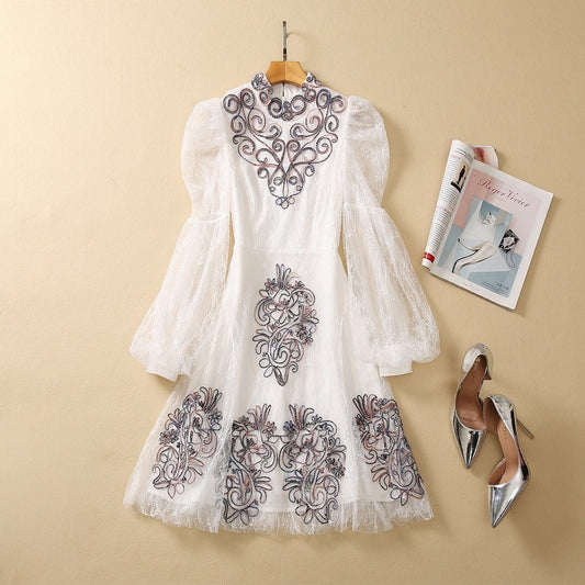 Plate Flower Mesh Long Sleeve Dress