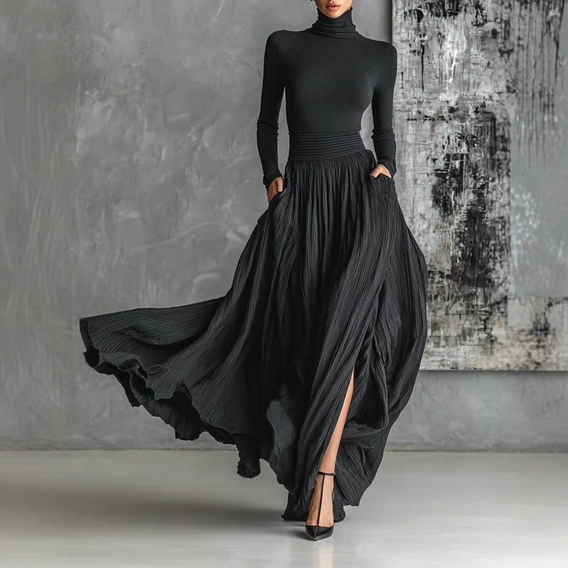 High-neck 2 piece set dress in elegant fabric, showcasing a fitted top and flowing skirt, by M Chic Boutique.