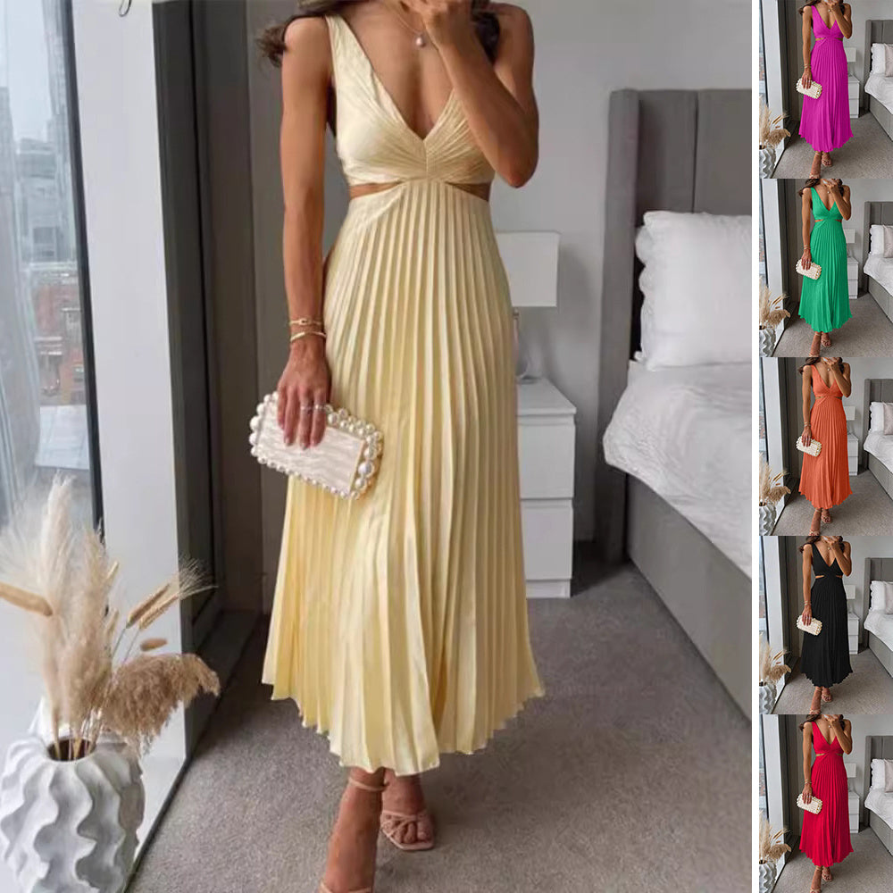 M Chic Boutique suspender pleated long dress shown with adjustable straps, flowing fabric, and a stylish, elegant silhouette.