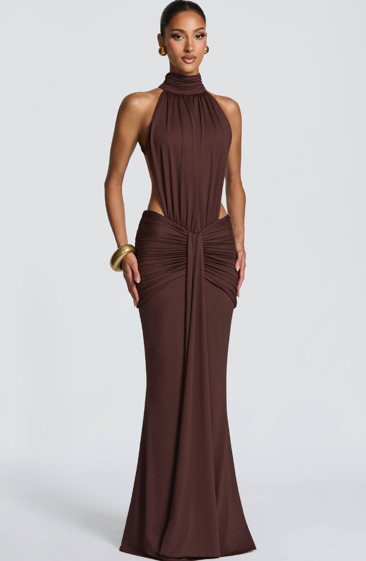Slim-fit halterneck pleated dress by M Chic Boutique featuring a stylish neckline and elegant pleats, perfect for formal occasions.