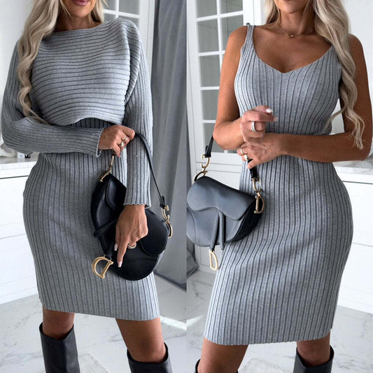 Two pcs Suit Women's Solid Stripe Long-sleeved Dress