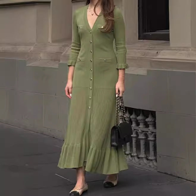 French Style Elegant V-neck Ruffle Sleeve Mid-length Knitted Dress