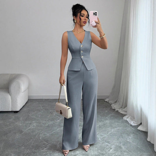 Solid Color Sleeveless Slim Fit Two-piece Set