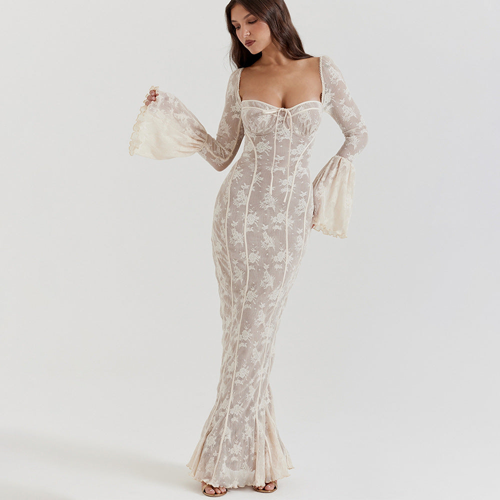 Flared sleeve lace tube top dress in white, showcasing intricate lace details and a fitted bodice, perfect for summer events.