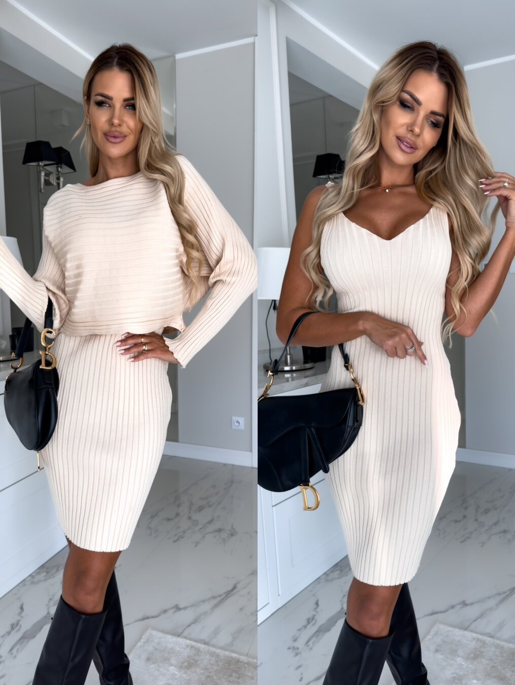 Two pcs Suit Women's Solid Stripe Long-sleeved Dress