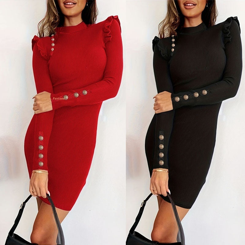 Long Sleeve Solid Color Buttons Short Dress