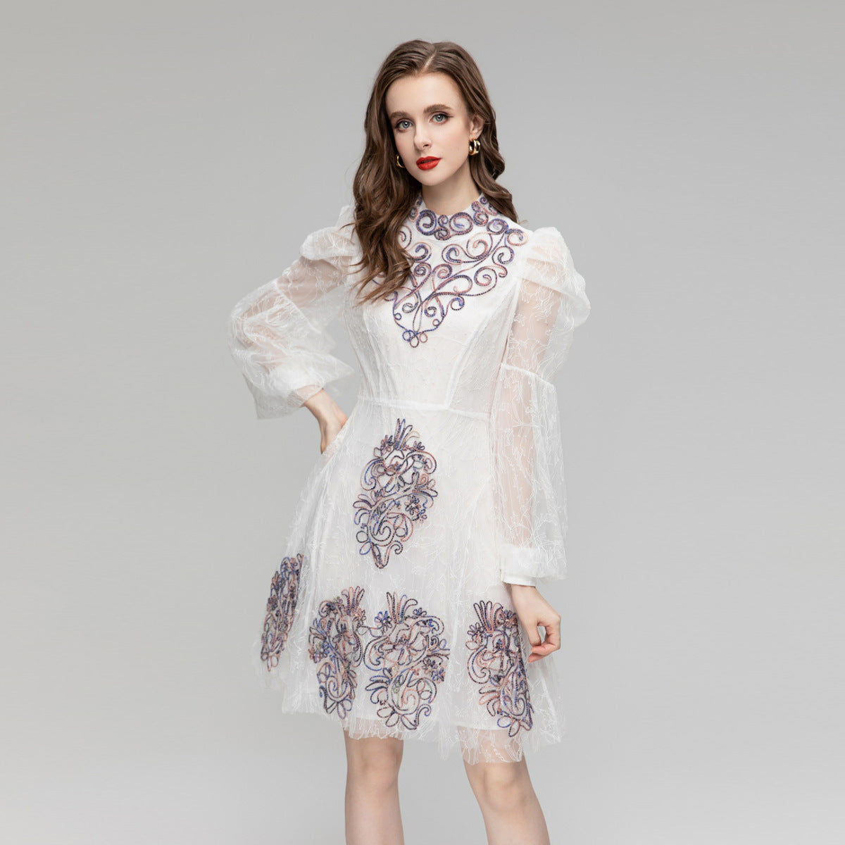 Plate Flower Mesh Long Sleeve Dress