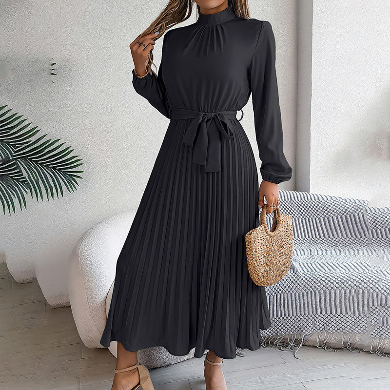 High Neck Long Sleeve Pleated Maxi Dress