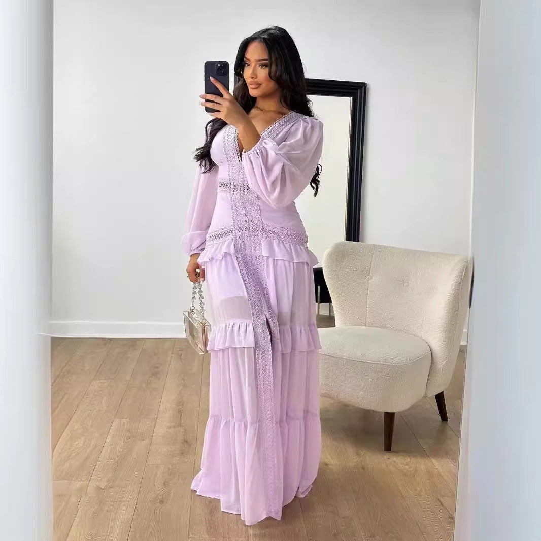Stitching Long Sleeve Elegant V-neck Dress