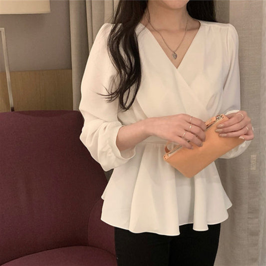 Solid Color Waist Long-sleved Blouse