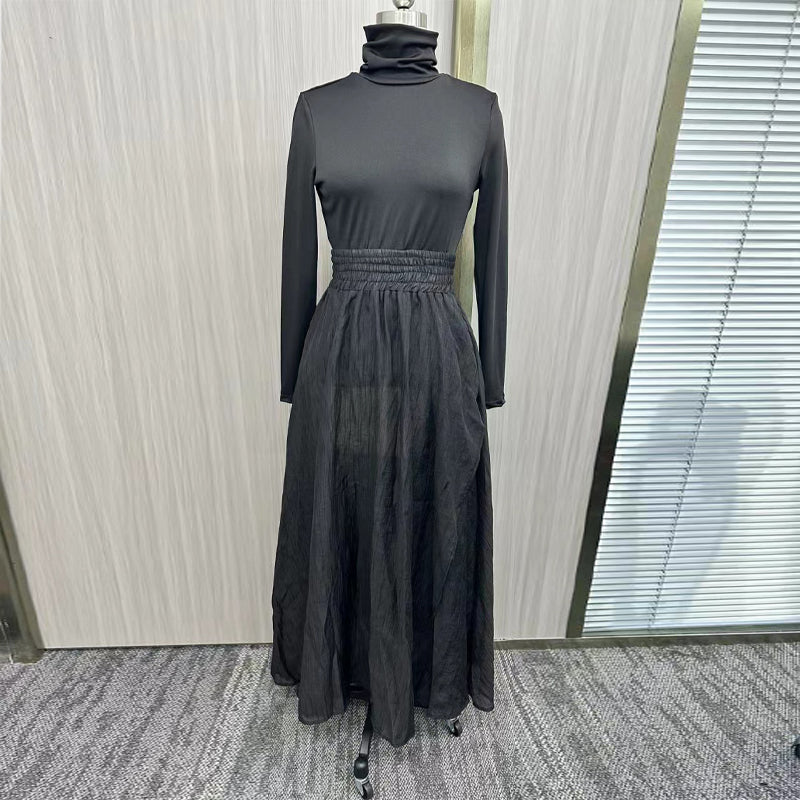 High-neck 2 piece set dress in elegant fabric, showcasing a stylish top and flowing skirt from M Chic Boutique.