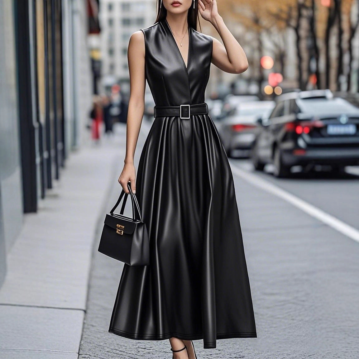 Round Neck Sleeveless Belt Long Dress