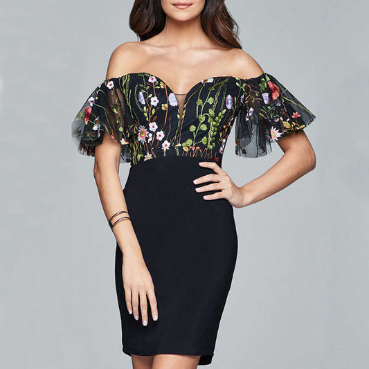 Mesh Embroidery European Lace-up Dress
