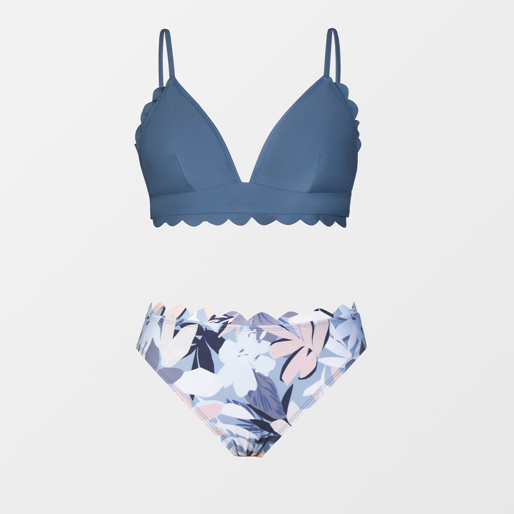 Floral scalloped bikini set from M Chic Boutique featuring a colorful swim suit with scalloped edges and floral pattern.